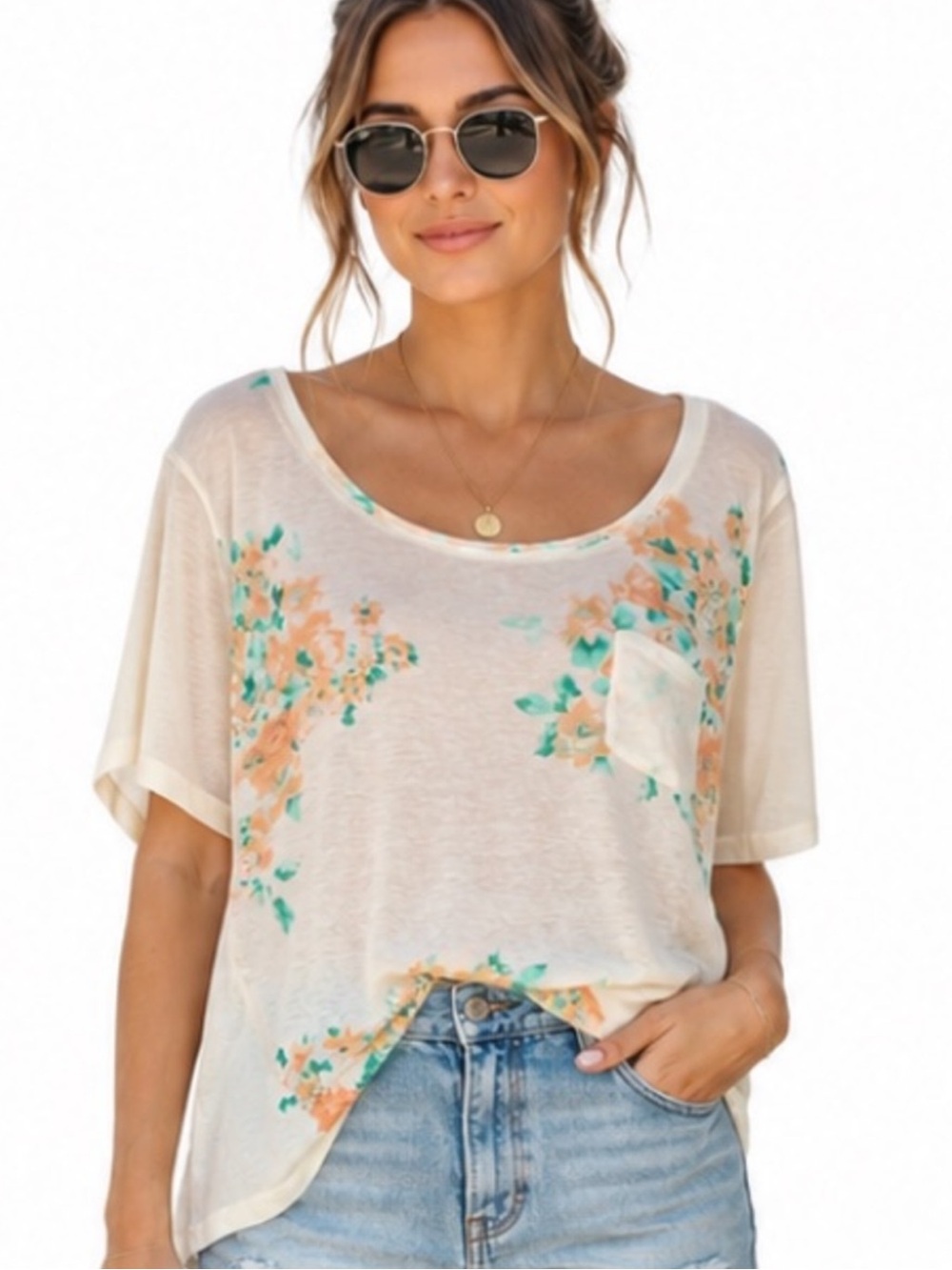FOREVER 21 CREAM MINT FLORAL MIXED MEDIA T-SHIRT L NWT